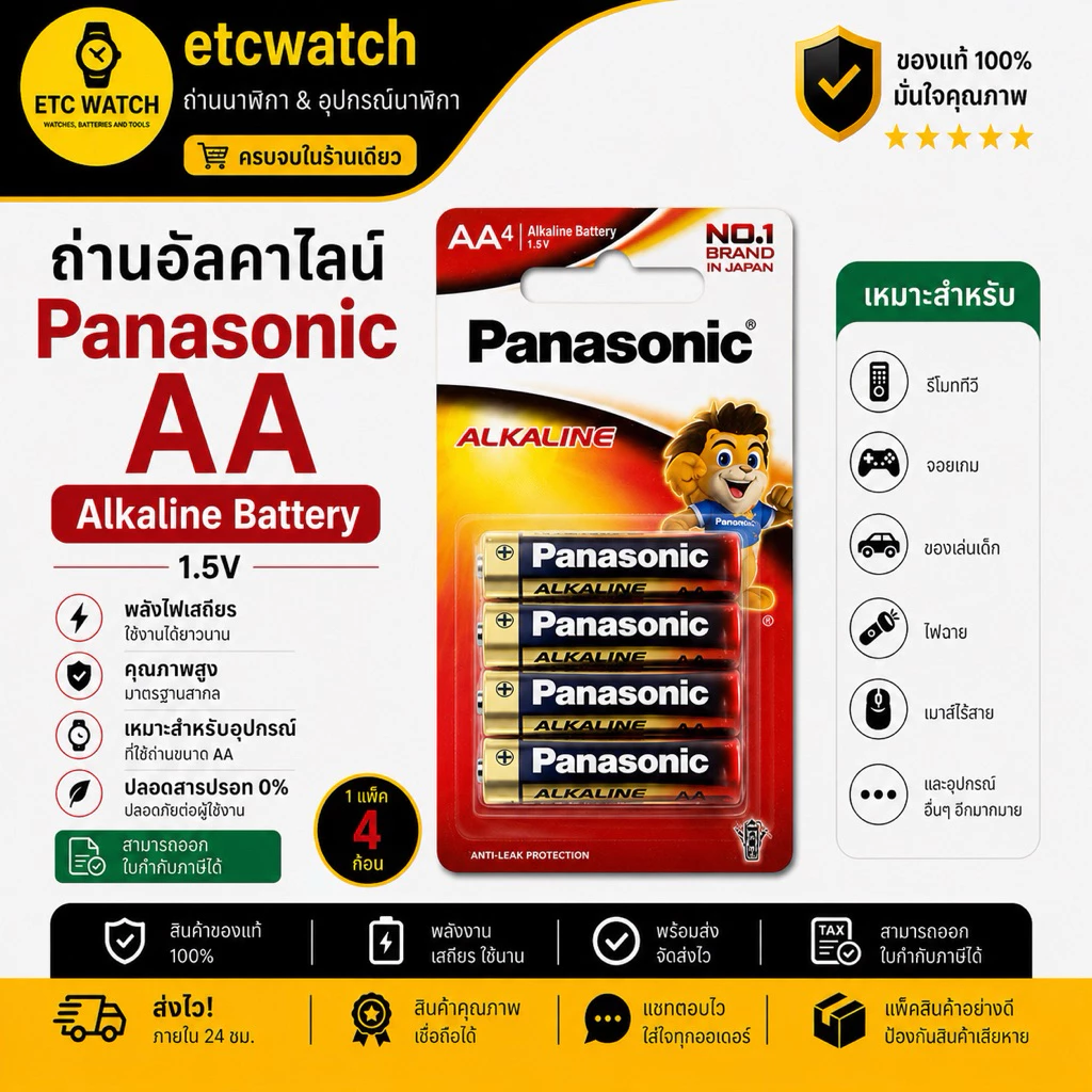 พร้อมส่ง> ถ่านอัลคาไลน์ พานาโซนิค Panasonic Alkaline AA / 2A แพ็ค 4 ก้อน ของแท้จากพานาโซนิคประเทศไทย ถ่านล็อตใหม่