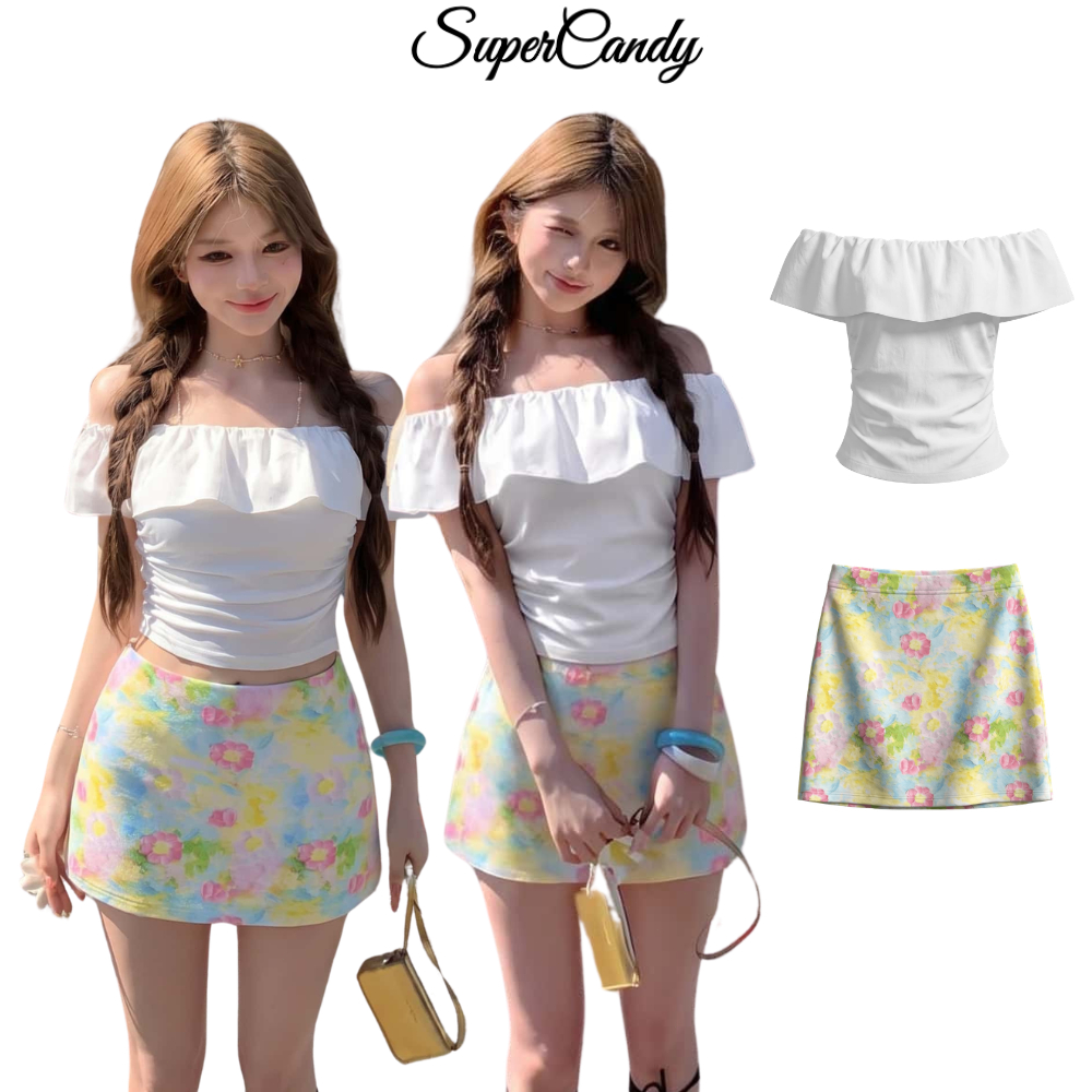 SuperCandy🌷เสื้อเปิดไหล่ ทรงรัดรูป ลายดอก กระโปรงครึ่งตัว ชุดสองชิ้น สไตล์สดใส น่ารัก เหมาะแต่งตัวฤดูร้อน