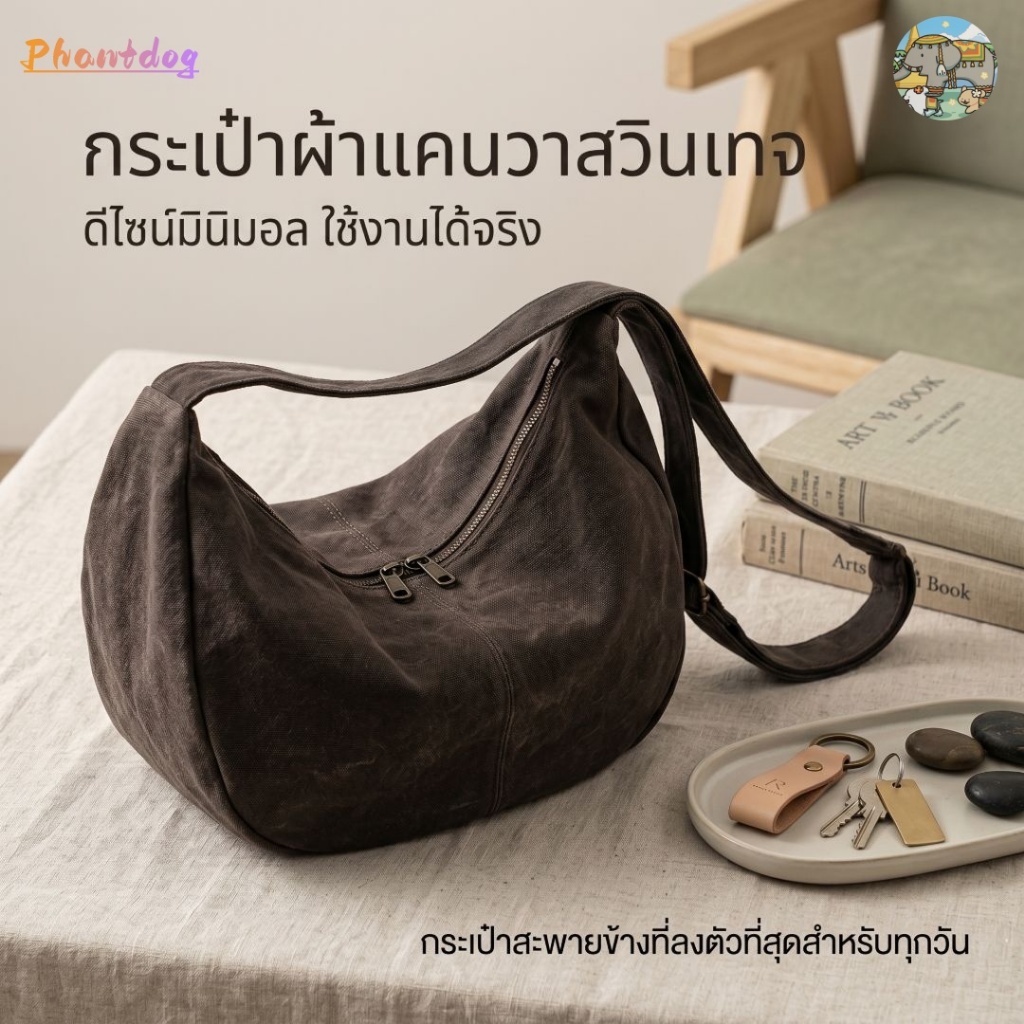 Phantdog 🚚จัดส่งจากประเทศไทย กระเป๋าผ้าแคนวาสวินเทจ สะพายไหล่หรือข้าง ความจุเยอะ ใช้ได้ทั้งชายและหญิง ผ้าคุณภาพ