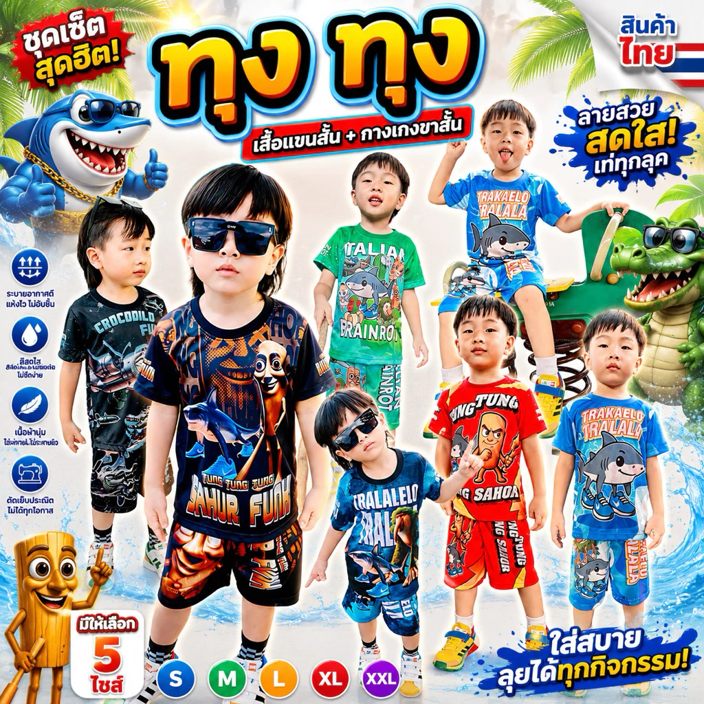 ชุดเด็ก แขนสั้น ขาสั้น ลายทุง เนื้อผ้าไมโครไฟเบอร์พิมลาย กระแส