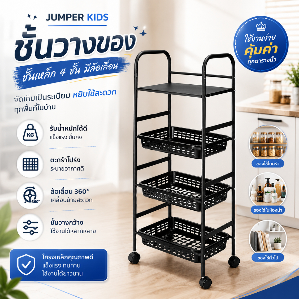 Jumper Kids ชั้นวางของ ชั้นเหล็ก วางของในครัว วางไมโครเวฟ มีล้อเลื่อน ปรับรูปแบบชั้นวางได้
