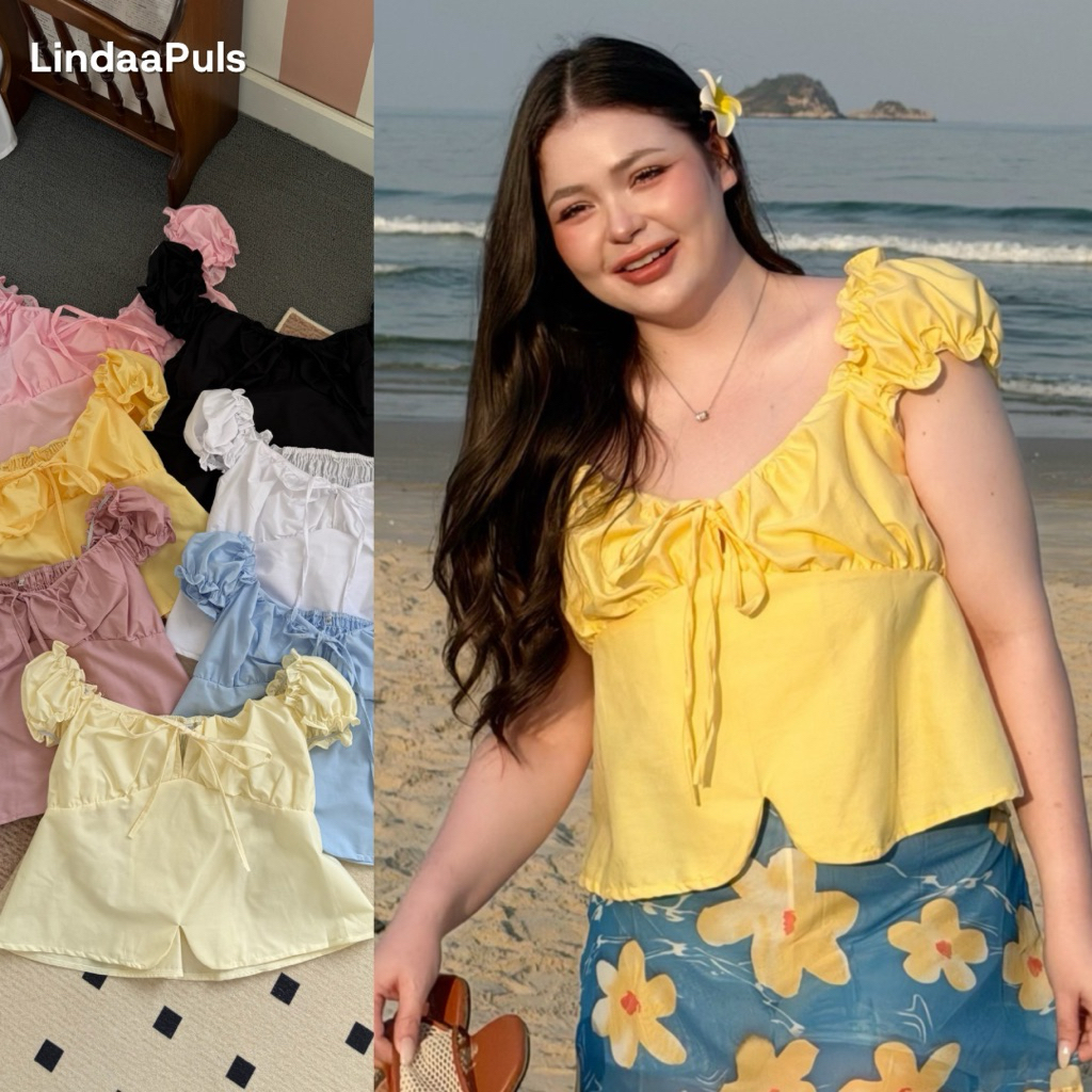 LindaaPlus-- เสื้อคอวีแขนตุ๊กตาสาวอวบ 🧸✨ เสื้อแขนตุ๊กตาทรงคอวีกว้าง ตัวแทนความสดใส ซัมเมอร์