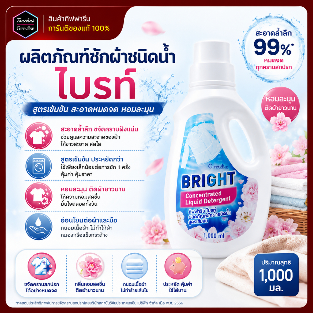 ผลิตภัณฑ์ซักผ้า ชนิดน้ำ ไบรท์ กิฟฟารีน ชนิดขวด (11730) สูตรเข้มข้น ชนิดซักมือและซักเครื่อง