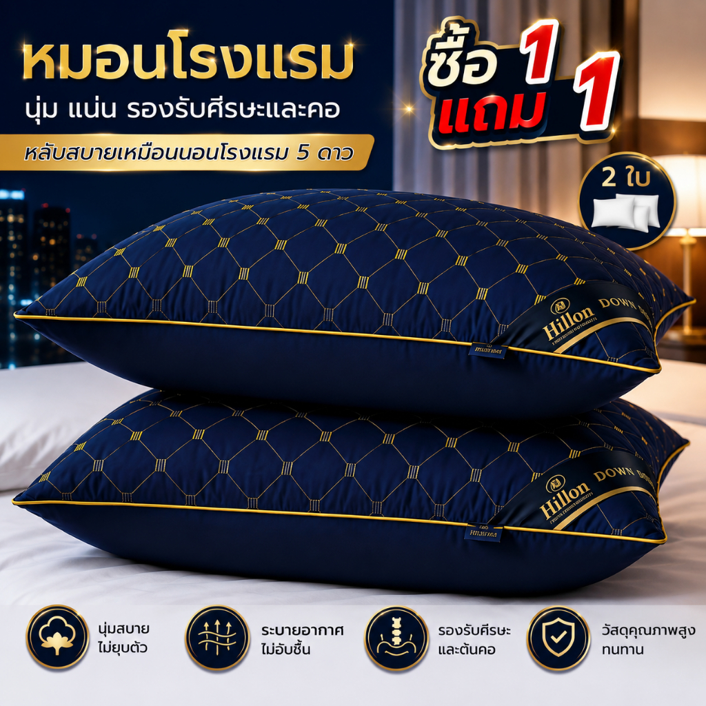 1 แถม 1 หมอนโรงแรม 5 ดาว หมอนสุขภาพ 1000G ใยโพลีเอสเตอร์ นุ่มสบาย 48x74 ซม.