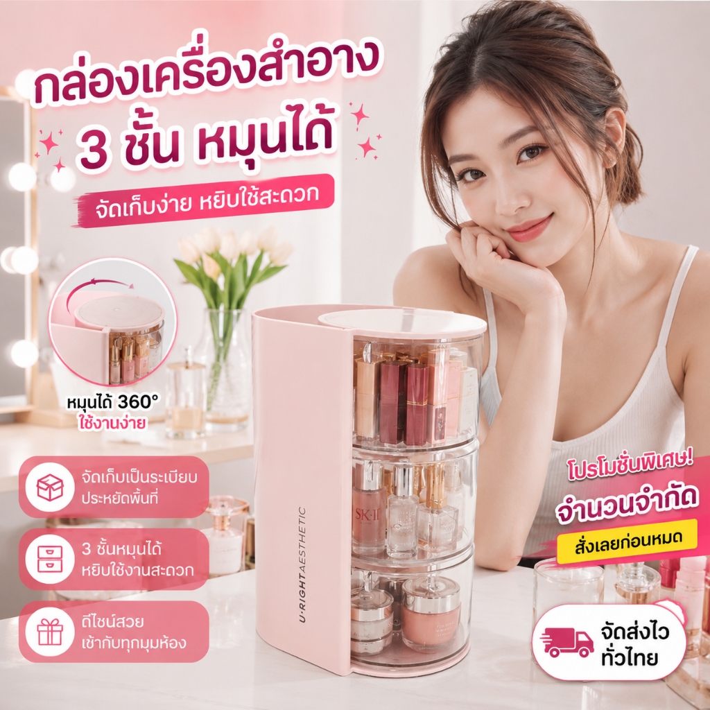 กล่องเก็บเครื่องสำอาง 3 ชั้น กล่องเก็บของหมุนได้ กล่องเก็บลิปสติก ชั้นวางที่คาดผม กล่องเก็บของหมุนได้ กล่องเครื่องสำอาง