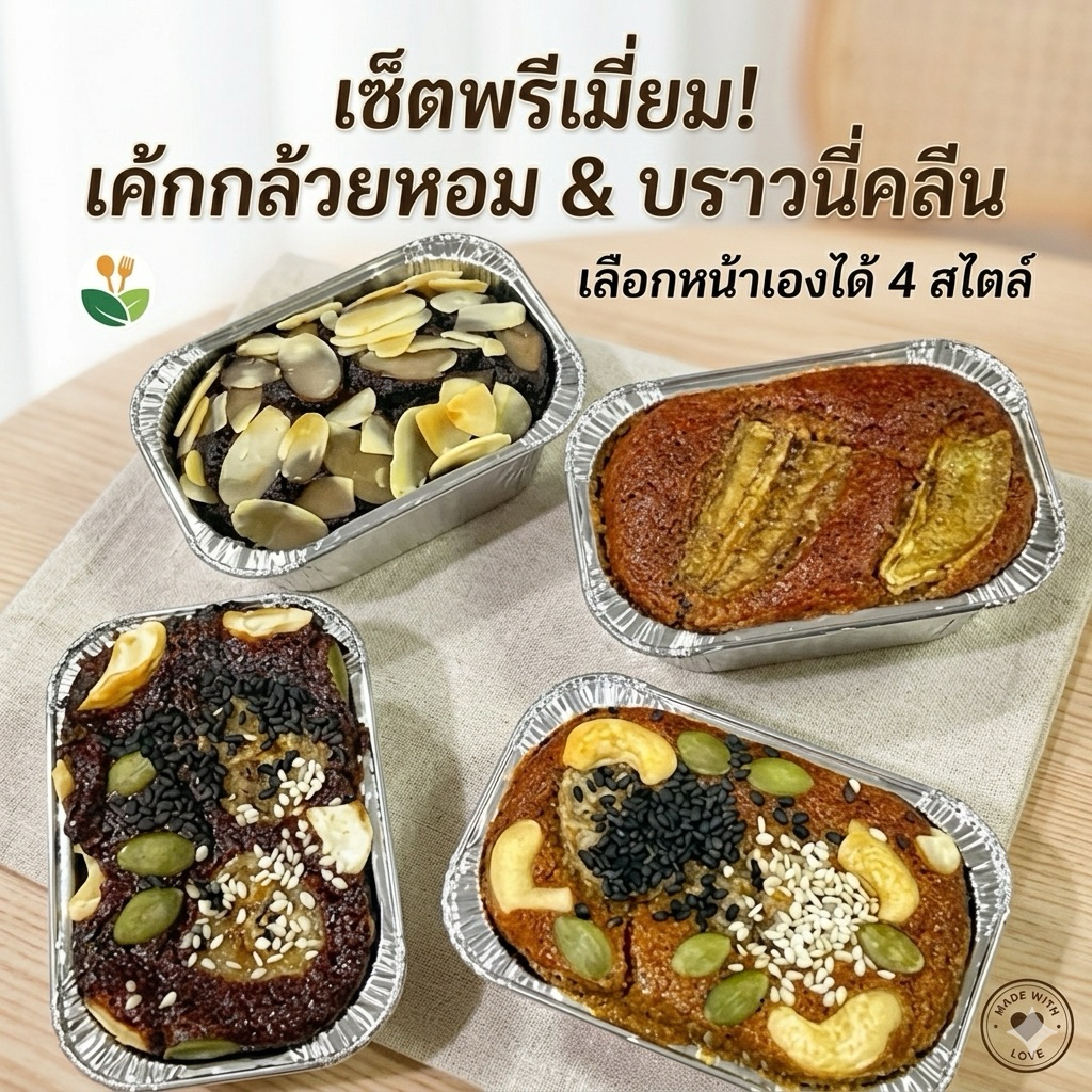 ขนมคลีนแพ็คคู่สุดคุ้ม เค้กกล้วยหอมคลีนธัญพืช เค้กกล้วยช็อกโกแลต หน้ากล้วยล้วน บราวนี่
