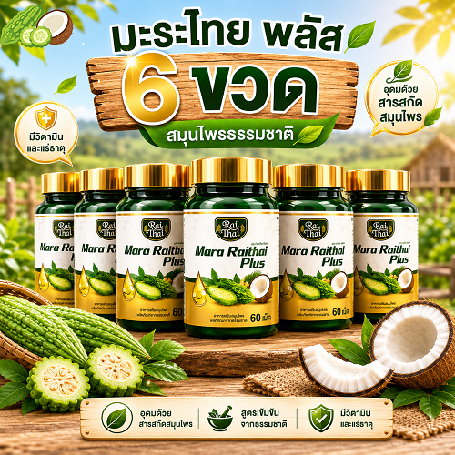 แพ็ค 6 ขวด Raithai Mara Plus ไร่ไทย น้ำมันมะระสกัดเย็น มะระ มะระขี้นก 1 ขวด 60 ซอฟเจล