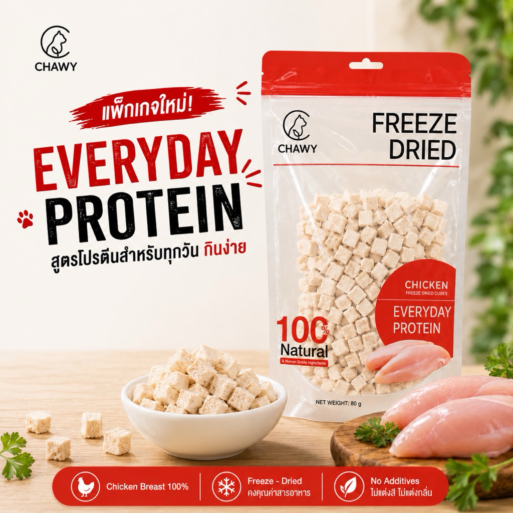 อกไก่ฟรีซดรายแท้ 100% CHAWYขนมแมว-หมา 80g/ถุง เกรดพรีเมียม Freeze Dried โปรตีนสูง เสริมกล้ามเนื้อ ขนมสุขภาพแมว ไม่เค็ม
