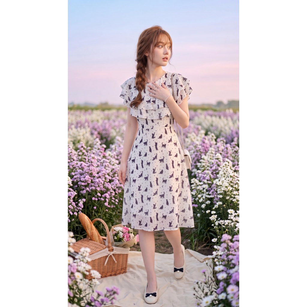 "Romi"Oil" K399 ชุดเดรสสีขาวลายแมว (ชีฟองคลุมไหล่แต่งกระดุมมุก)