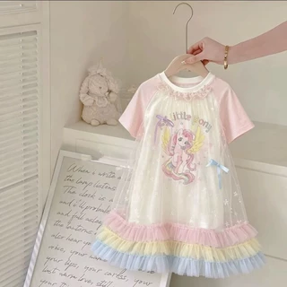 MC304 เดรสเด็กผู้หญิงลายโพนี่น่ารัก ผ้าตาข่ายแต่งโบว์ สีพาสเทลสดใส สวมใส่สบาย เหมาะกับเด็ก