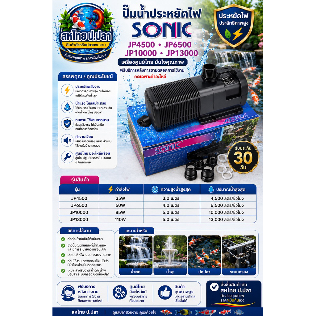 ปั๊มน้ำประหยัดไฟ Sonic รุ่น JP4500, JP6500,JP10000,JP13000 💞สบายใจได้มีศูนย์ มีอะไหล่💞รับประกันเบื้องต้น30วัน