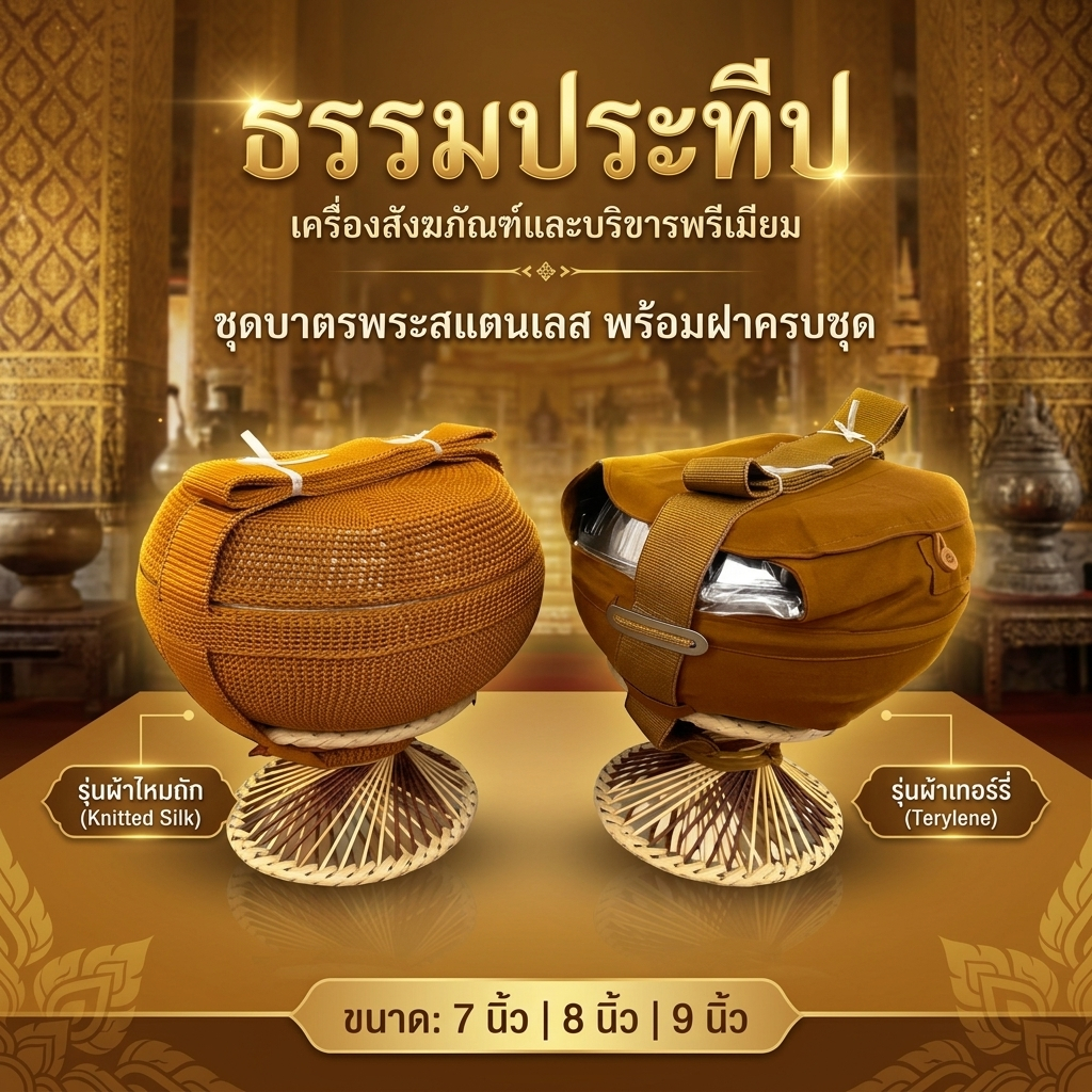 บาตรสแตนเลส พร้อมถลกบาตร I บาตรพระ 2แบบ [ผ้าถัก-ผ้าโทเร] อุปกรณ์ครบชุดในบาตร | บาตรทองเหลืองออมสิน