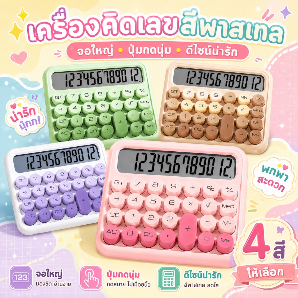 ❤เครื่องคิดเลข 12 บิต สไตล์ไล่ระดับ น่ารัก ดูดี หน้าจอใหญ่ คีย์บอร์ดแบบกลไกทรงกลม ปิดอัตโนมัติหลังจากสแตนด์บาย 10 วินาที