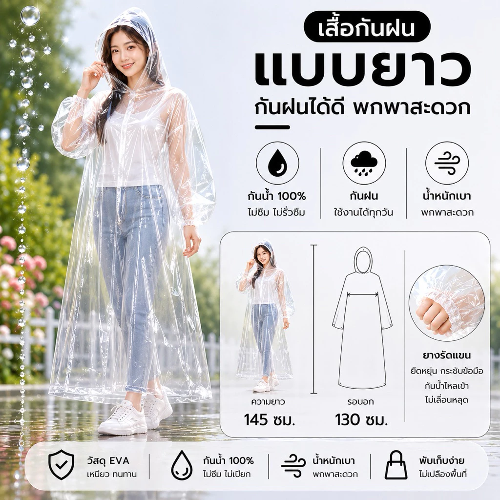 เสื้อกันฝนแบบยาว PEVA พลาสติกเหนียว กันน้ำ 100% รุ่นรัดข้อมือ แบบบคลุมถึงขา