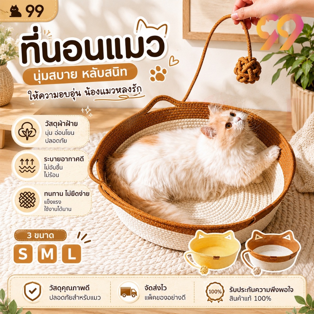 ที่นอนแมว เบาะแมวถักนุ่ม ระบายอากาศดี เบาะนอนแมวซักได้ ขนาด S M L ที่นอนสัตว์เลี้ยง ดีไซน์น่ารัก สำหรับแมวทุกสายพันธุ์