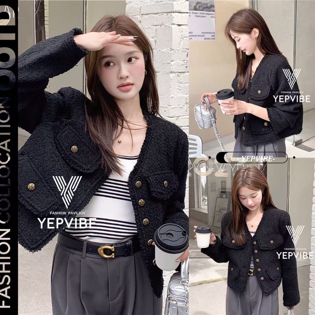 พร้อมส่ง เสื้อคลุม แขนยาว สไตล์คุณหนู เนื้อผ้าทวิต ดีเทลแต่งกระเป๋า งานสวยหรูหรา กระดุมผ่ากลาง สไตล์มินิมอล
