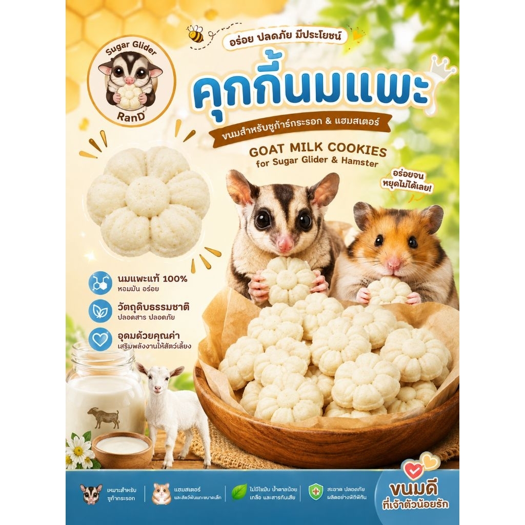คุกกี้นมแพะ 100 กรัม สำหรับสัตว์เลี้ยง ชูก้า กระรอก แฮมสเตอร์