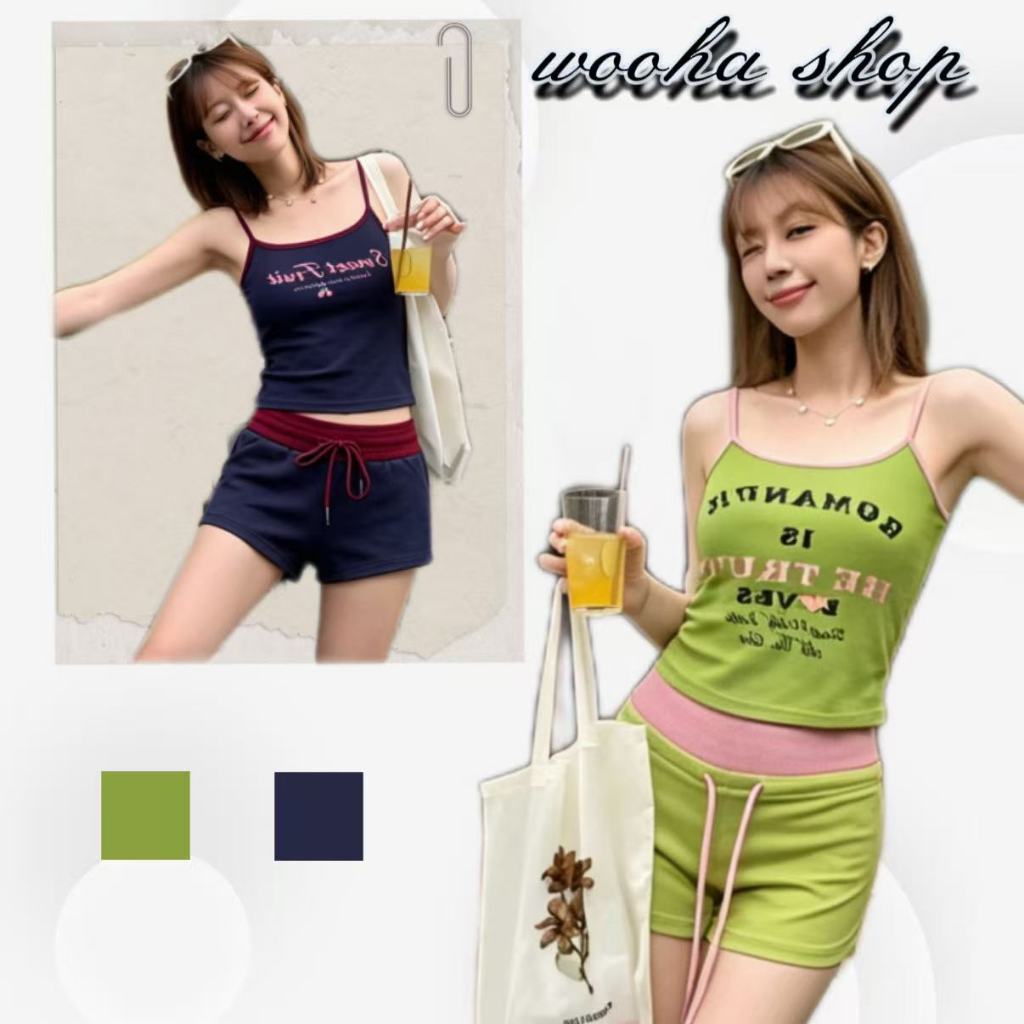 🥰wooha shop🥝เสื้อสายเดี่ยวพิมพ์ลายตัวอักษร ชุดเซ็กซี่สำหรับฤดูร้อนสำหรับผู้หญิง ชุดกางเกงขาสั้นลำลองสองชิ้น