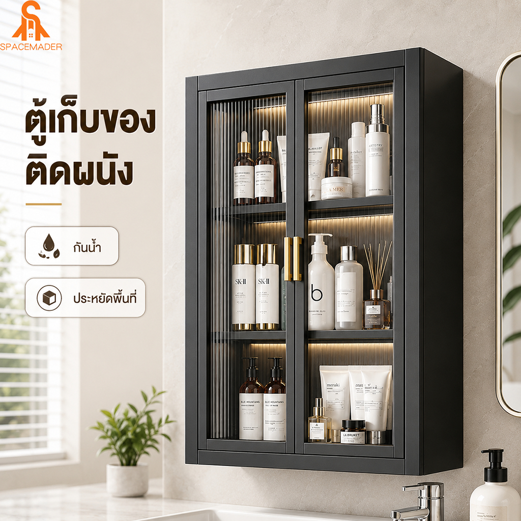 ตู้เก็บของติดผนัง ห้องน้ำ ประตูคู่ เปิดได้ กันฝุ่น กันน้ำ ชั้นวางของติดผนัง เหล็กคาร์บอน ประหยัดพื้