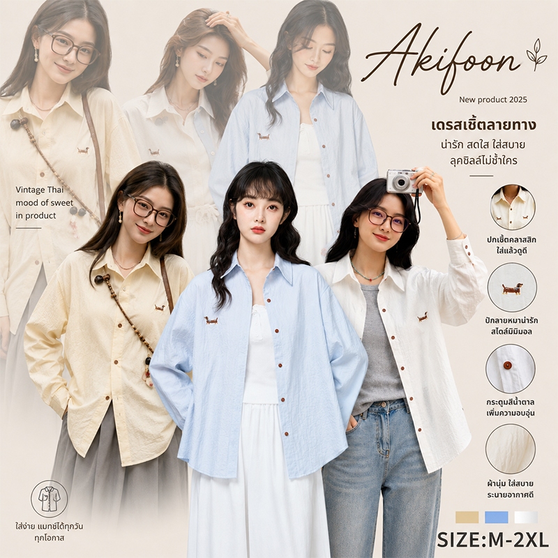 [พร้อมส่ง] เสื้อเชิ้ตแขนยาวผู้หญิง Summer 2026 เสื้อโอเวอร์ไซซ์สไตล์เกาหลี ผ้านิ่มใส่สบาย ลุคหวานละมุน ดูดีทุกมุมW727