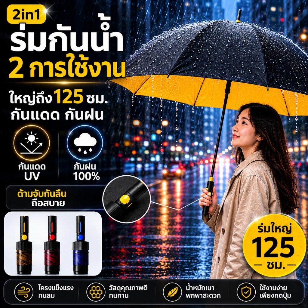 กันน้ำได้ 100% ขนาดใหญ่ 125 ซม. ร่มพับได้ ป้องกันฝนและแสงแดด ทนทานกันลมพัด ร่มมีสองชั้น ด้ามจับกันลื่น