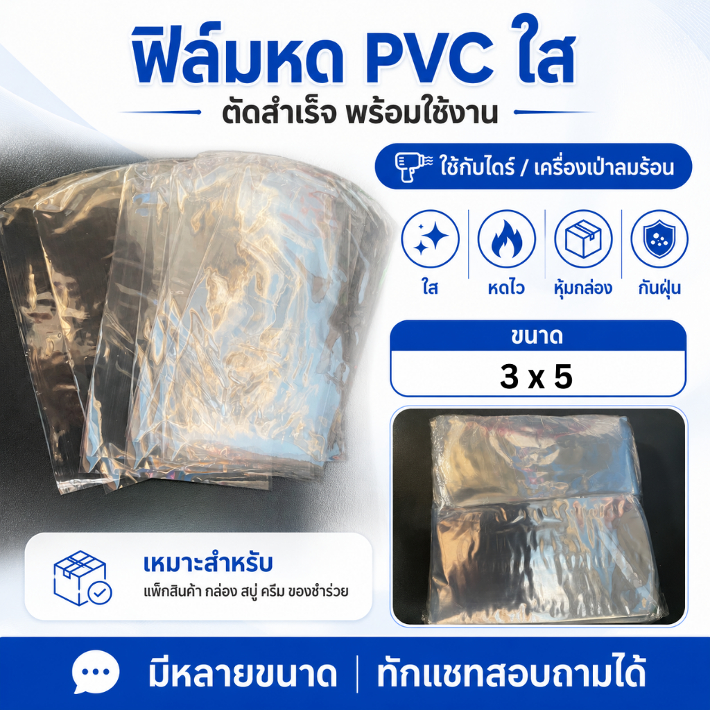 ฟิล์มหด PVC 3x5 ฟิล์มหดใส ตัดสำเร็จ หุ้มกล่องแพ็คสินค้า หุ้มกระปุกครีม หดไว ใช้กับไดร์เป่าลมร้อน