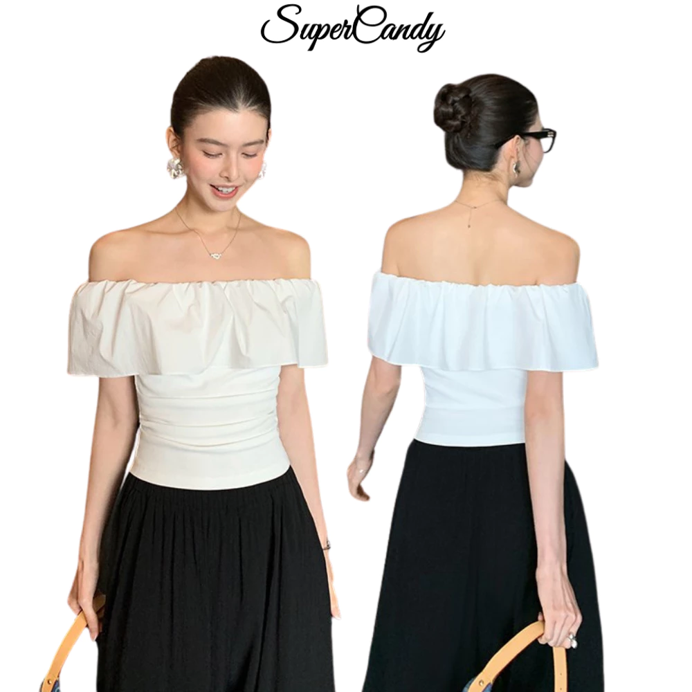 SuperCandy🌷เสื้อยืดแขนสั้นไหล่เปิดลายใบตองสีขาว ผู้หญิง ฤดูร้อน รัดรูปสไตล์ฝรั่งเศส