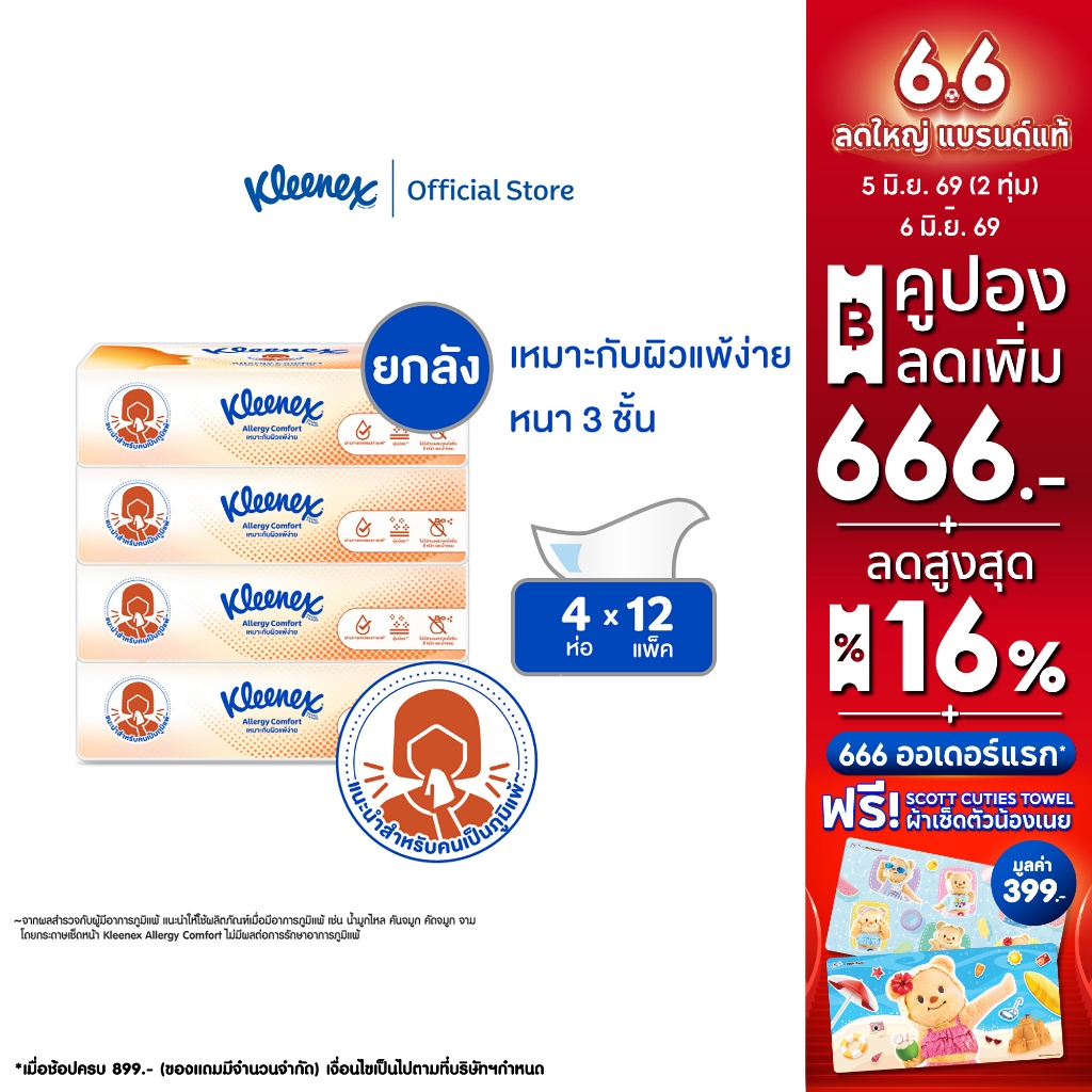 [ยกลัง]กระดาษเช็ดหน้า คลีเน็กซ์ ®เอเลอร์จี คอมฟอร์ท ซอฟท์ บ๊อกซ์68แผ่น 4 ห่อKleenex® Allergy Comfort Soft Box 68sheet x4