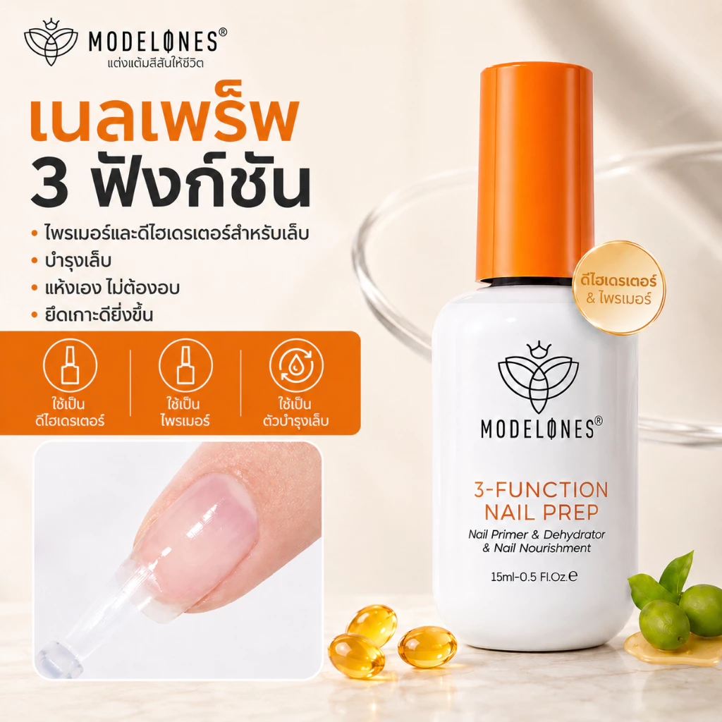 Modelones 3in1 น้ำยาปรับสภาพเล็บ+ไพรเมอร์+บำรุง เล็บแข็งแรง ปราศจาก HEMA 15ml ดูแลหนังกำพร้า