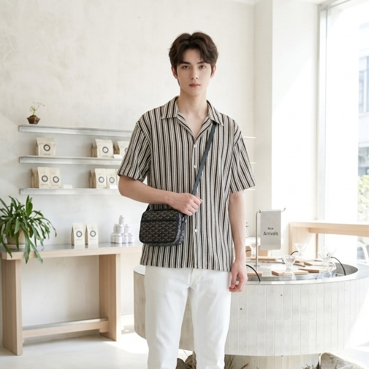 N129 เสื้อเชิ้ตแขนสั้นผู้ชาย ลายริ้วทอลายตารางแนวตั้ง ผ้าเท็กซ์เจอร์นุ่มเบาสไตล์เรโทร