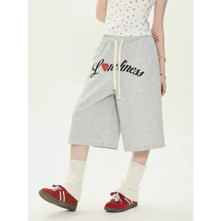 [Letter printed cropped pants]สูงถนนกีฬาลมตัวอักษรพิมพ์ผู้หญิงสบาย ๆ ขากว้างกางเกงคาปรี