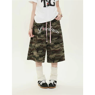 [Letter printed cropped pants]สูงถนนกีฬาลมตัวอักษรพิมพ์ผู้หญิงสบาย ๆ ขากว้างกางเกงคาปรี