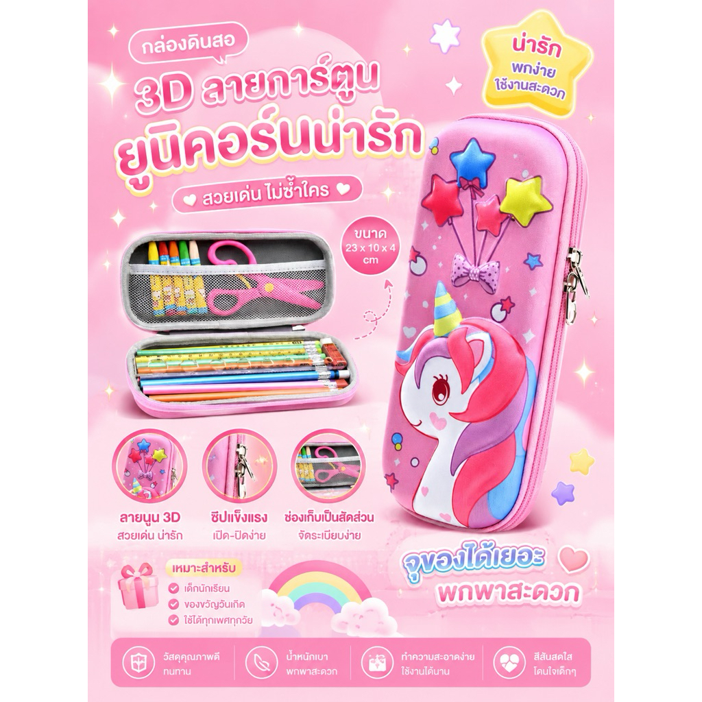 กระเป๋าดินสอ 3D สำหรับเด็ก ลายยูนีคอน