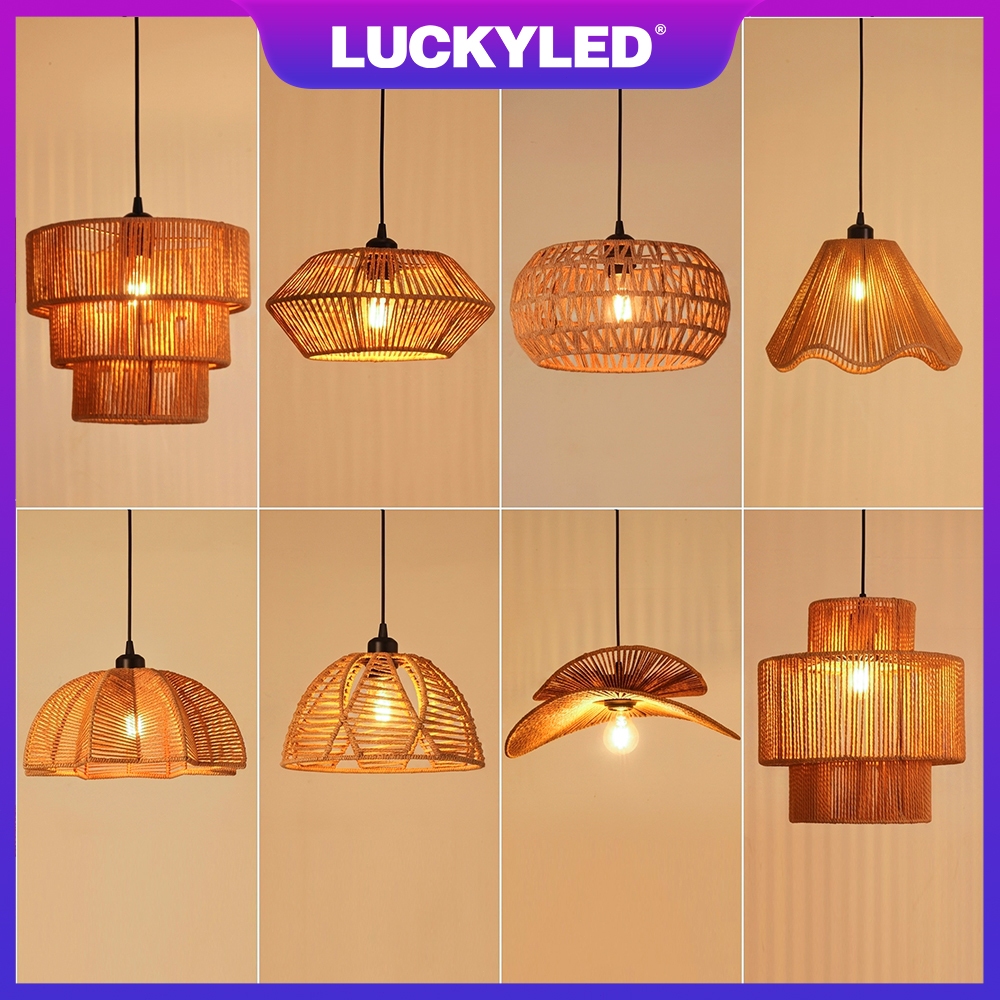 LUCKYLED โคมไฟแขวนเพดานสไตล์ญี่ปุ่น วินเทจ โคมไฟเชือกกระดาษ โคมไฟหวาย สำหรับร้านอาหาร คาเฟ่ แต่งบ้าน