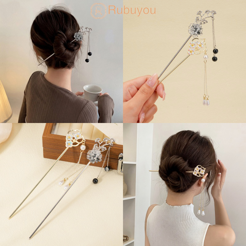 Rubuyou ปิ่นปักผม ดอกกุหลาบ ประดับพู่ ย้อนยุค สไตล์จีนใหม่ ชุดฮั่นฟู เครื่องประดับผม สำหรับผู้หญิง-COD💕