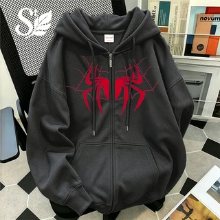 เสื้อฮู้ดมีซิปแขนยาวลายแมงมุมสีแดง สไตล์อเมริกัน ทรงหลวม Unisex ผ้าฝ้ายคุณภาพสูง เนื้อผ้านุ่มกันลม มี 12 สี พร้อมส่ง สต็