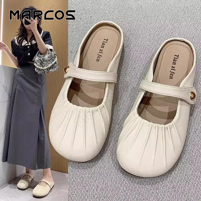 MARCOS รองเท้าแตะผู้หญิง แมรี่เจน ดีไซน์ร่องรอย สีขาว/ดำ ส้นแบน ใส่สบาย กันลื่น สไตล์เกาหลี ลำลอง สำหรับทุกโอกาส