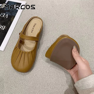 MARCOS รองเท้าแตะผู้หญิง แมรี่เจน ดีไซน์ร่องรอย สีขาว/ดำ ส้นแบน ใส่สบาย กันลื่น สไตล์เกาหลี ลำลอง สำหรับทุกโอกาส