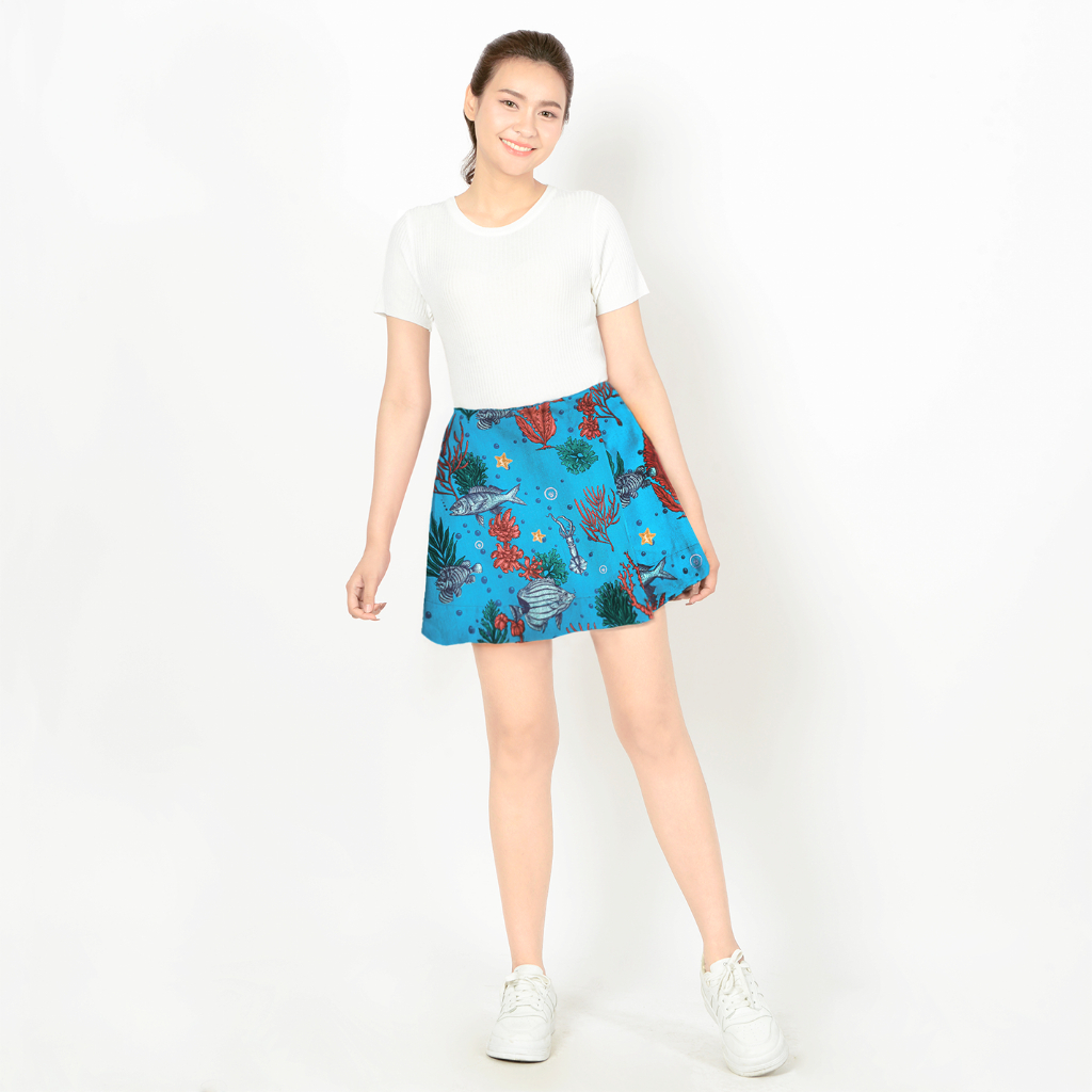 กางเกงกระโปรงผู้หญิง Papillon]Women Yuri Shorts ผ้าCotton Rayon Twill เอวสูง ซิปข้าง ยางยืดหลัง พิมพ์ลายปลา Les Poissons
