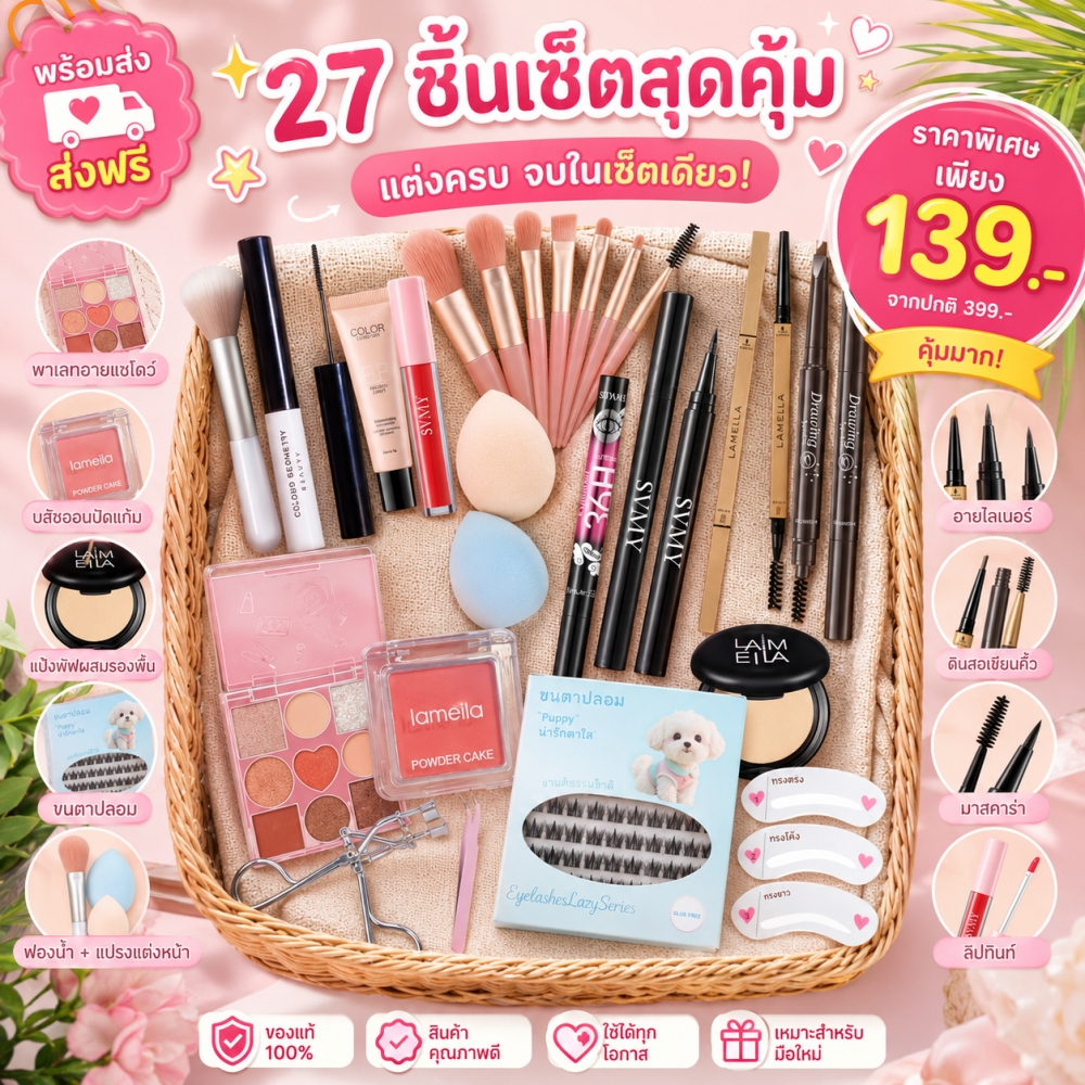 ชุดแต่งหน้า 9-27 ชิ้น พาเลทอายแชโดว์ ลิปกลอส ขนตาปลอม แป้งฝุ่น บีบีครีม ลิปสติก แปรงแต่งหน้า ดินสอเขียนขอบตา เหมาะสำหรับ
