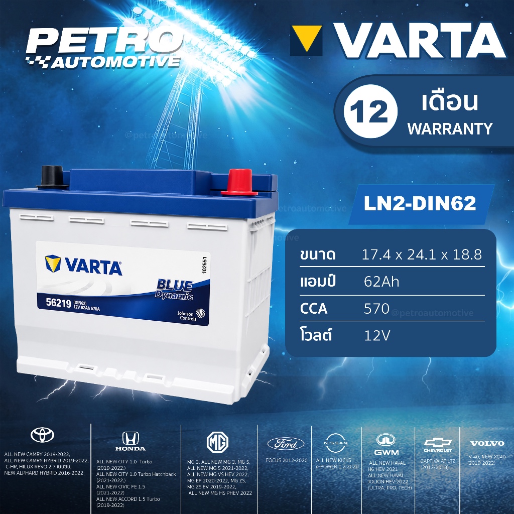 แบตเตอรี่ VARTA LN2-DIN62 (DIN65) แบตแห้ง (SMF) 62Ah ขั้วจม สำหรับ Focus, Camry, Alphard, MG3, MG ZS