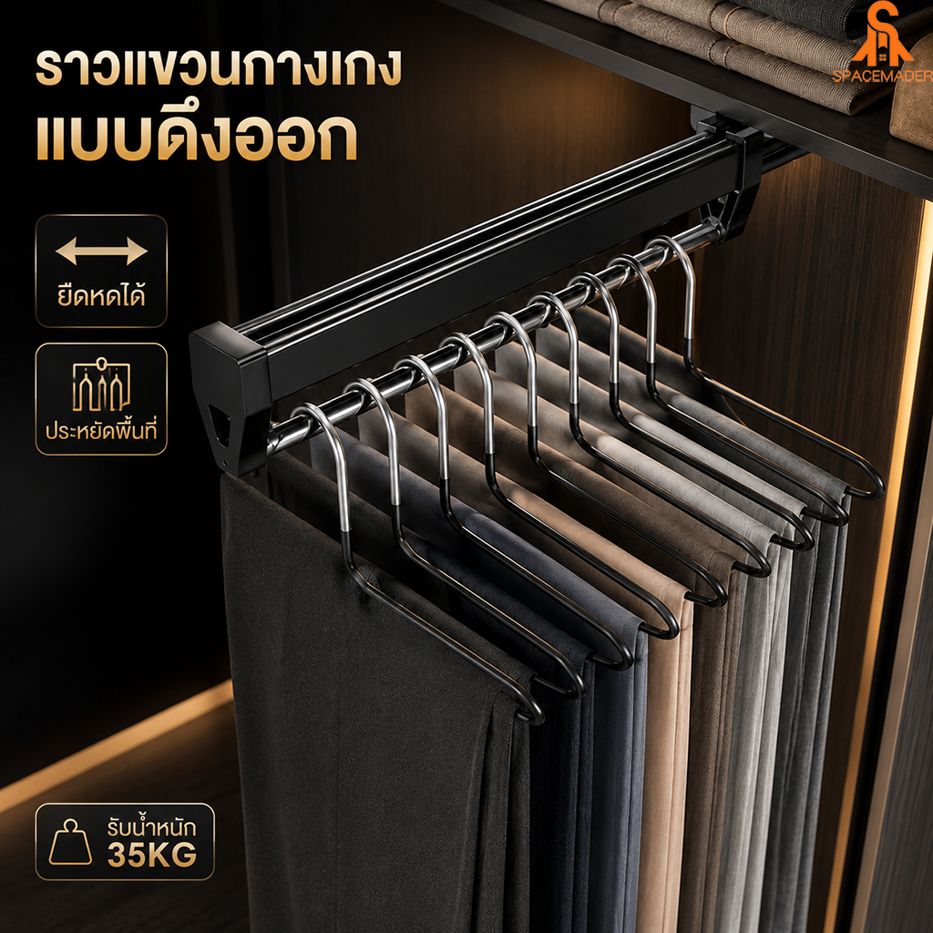 ราวแขวนเสื้อผ้าในตู้ แบบดึงออก สไลด์ได้ ชั้นวางกางเกงยืดหดได้ ติดตั้งง่าย ทนทาน