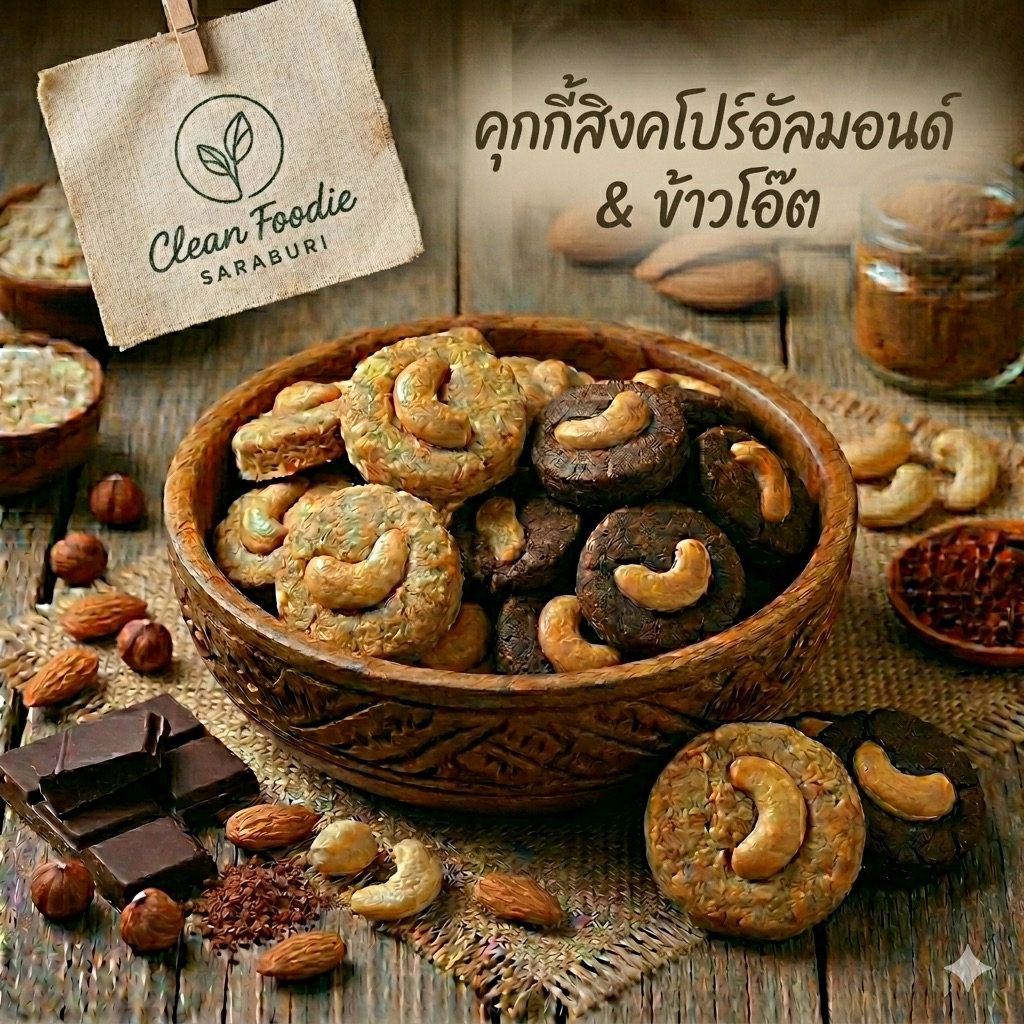 คุกกี้สิงคโปร์คลีน ไร้แป้ง ไร้น้ำตาล คุกกี้อัลมอนด์โอ๊ต • Healthy Singapore Cookies แคลต่ำ