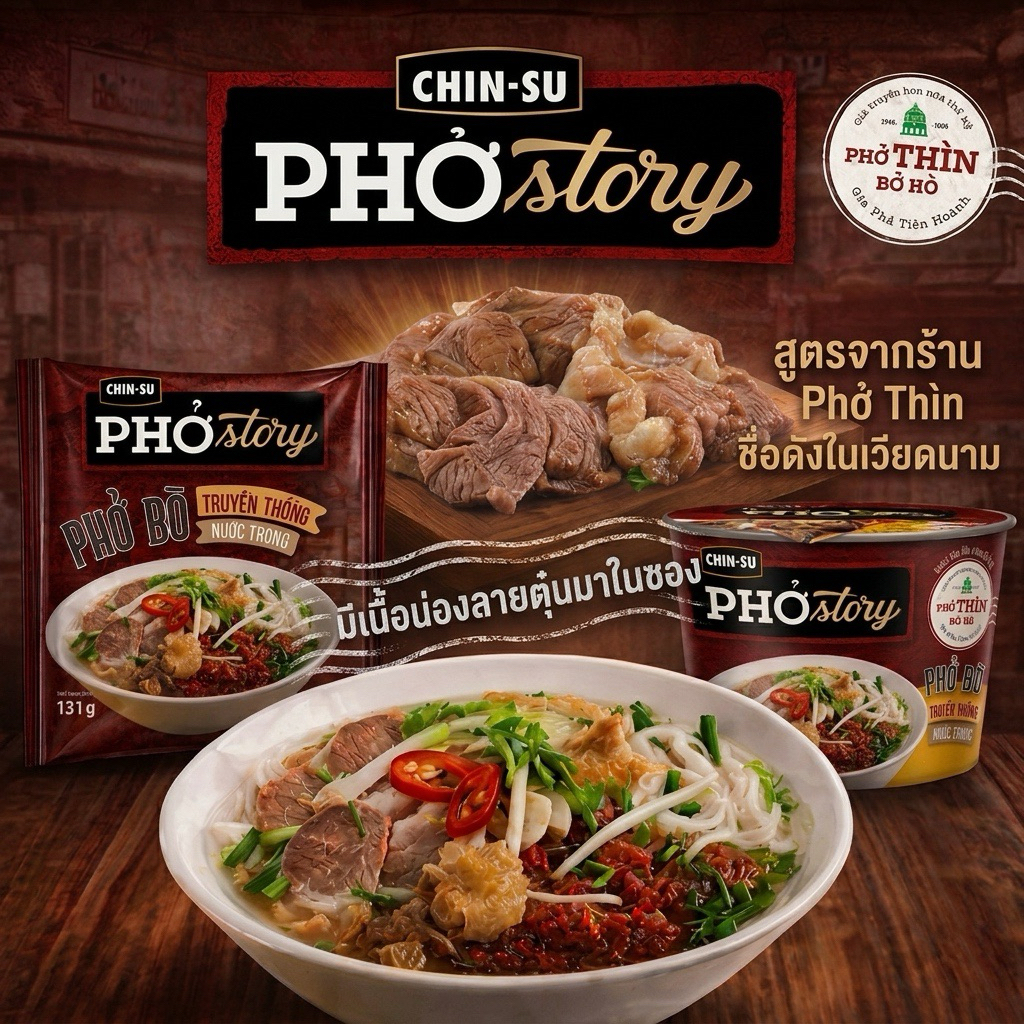เฝอเวียดนามกึ่งสำเร็จรูป CHIN-SU Pho Story ชนิดถ้วย/ซอง รสเนื้อ น้ำซุปเข้มข้น มีเนื้อโคแท้ในซอง อร่อยเหมือนทานที่ร้าน