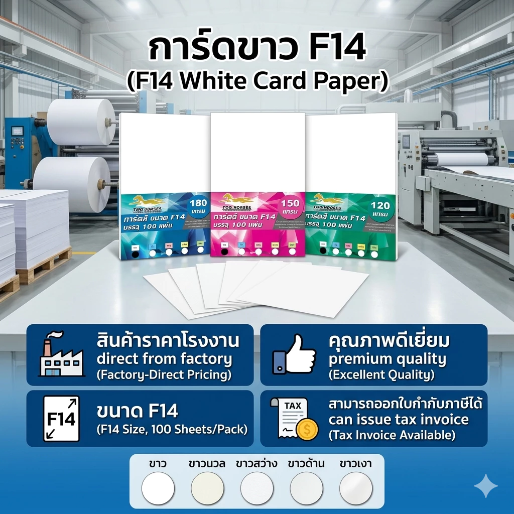 สินค้าราคาโรงงาน ✔️กระดาษ การ์ดขาว ขนาด F14 หนา 120,150,180 แกรม ( 216 x 356 มม.) บรรจุ 100 แผ่น