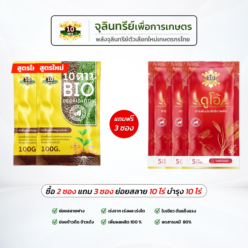 10 ดาว BIO หัวเชื้อจุลินทรีย์ สูตรเข้มข้น ย่อยสลายฟาง ข้าวดีด ข้าวเด้ง ขนาด 100 กรัม 5 ซอง