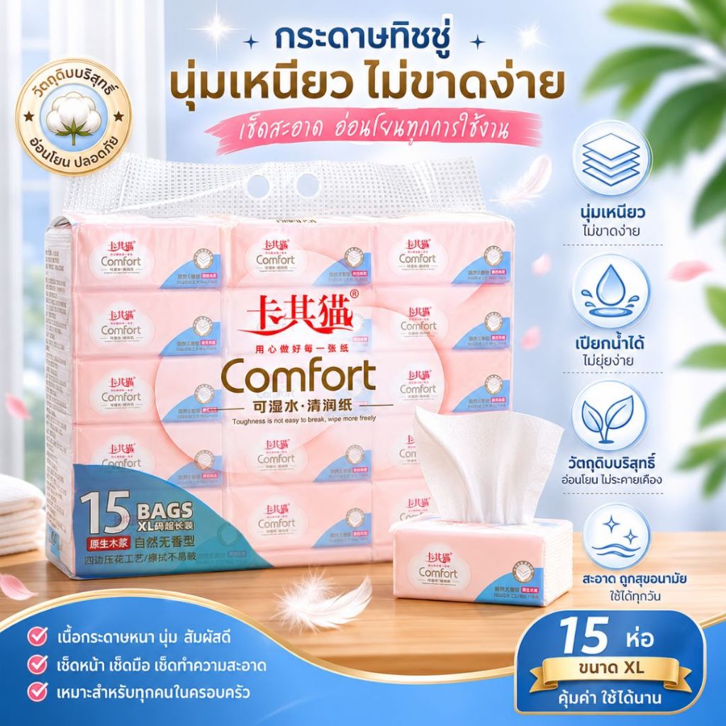 BIG-15PRC🥑ทิชชู่1แพ็ค 15ห่อ เนื้อกระดาษสีขาว ไม่เป็นขุ่ย กระดาษทิชชู่ป๊อปอัพ หนา 5 ชั้น คุณภาพดีเช็ดหน้าได้ไม่บาดผิว🥑