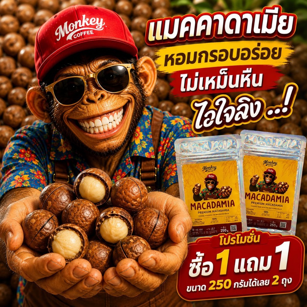 ซื้อ1แถม 1 📌เมล็ดแมคคาดาเมีย ขนาด 250g.X2 ถุง หอม กรอบ อร่อย ไม่เหม็นหืน ตรา มังกี้ 🌰🌰🌰