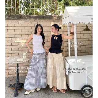 กระโปรงยาวชายระบายลายทางผ้าคอตต้อนลินิน Blossom bloom skirt 🌸