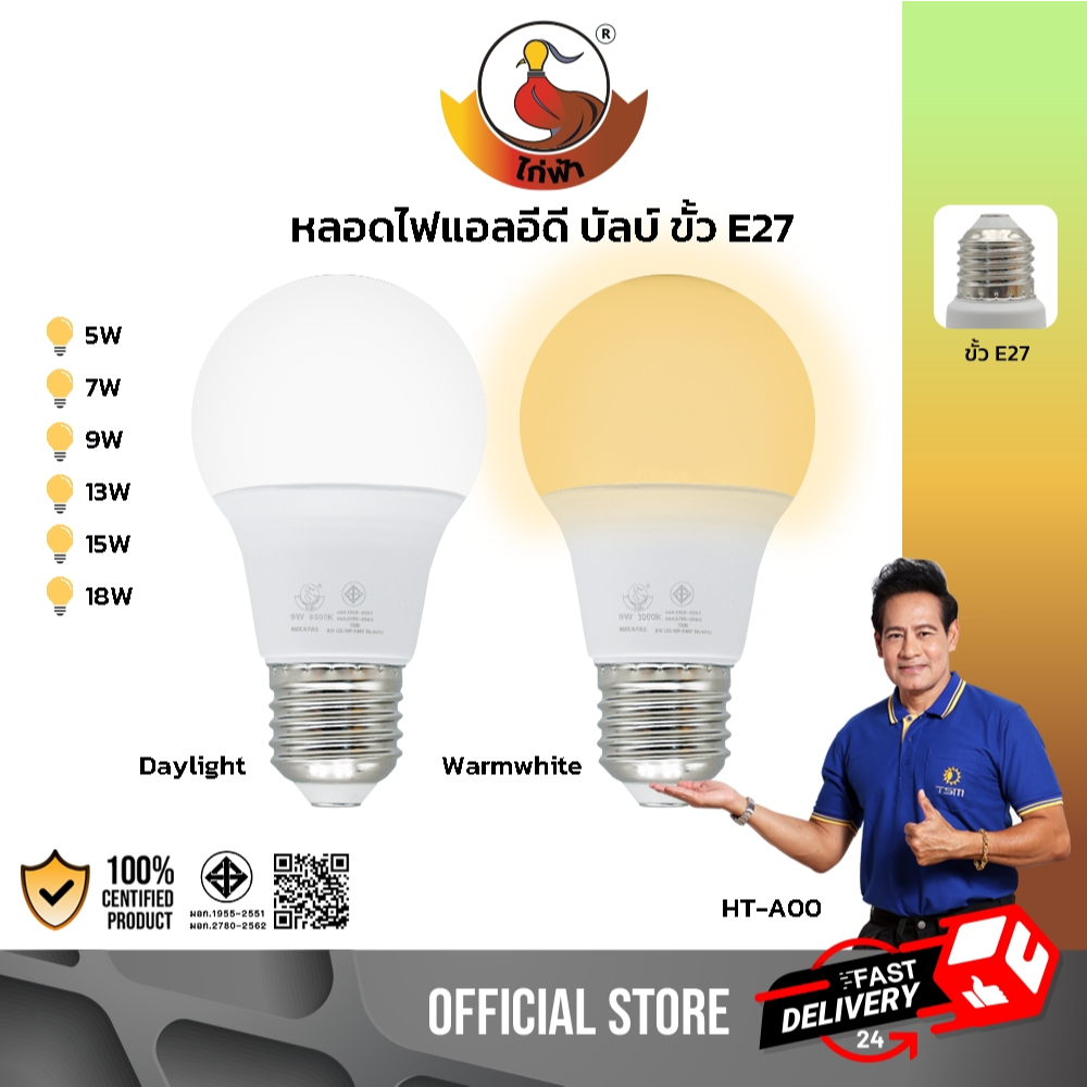 หลอดไฟ LED Bulb แสงขาว แสงวอร์มไวท์ 5W 7W 9W 13W 15W 18W ไฟ 220V ขั้วE27 แอลอีดี ไฟบ้าน รุ่น HT-A00